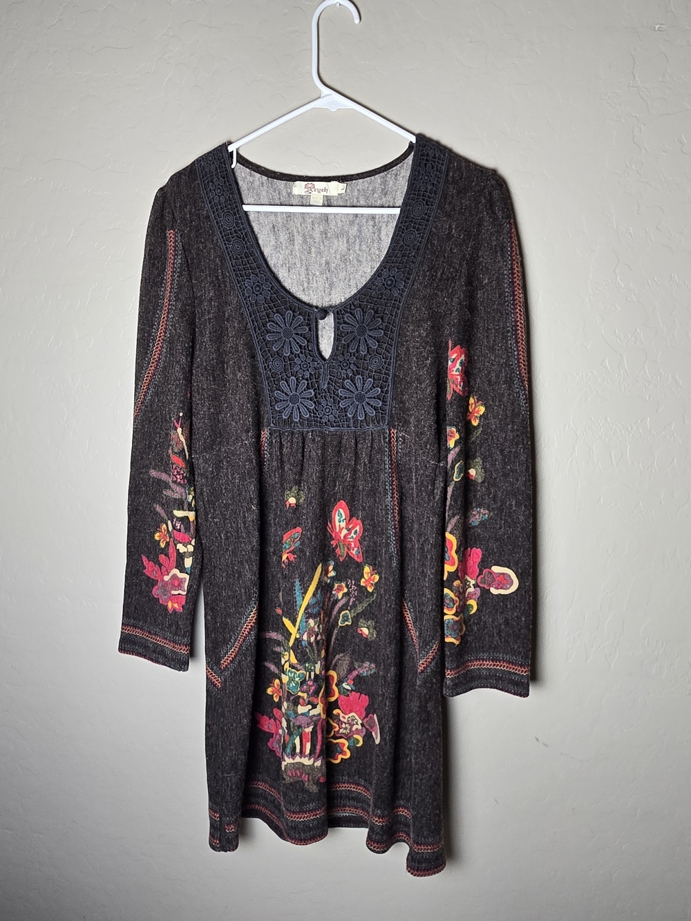 Anthropologie Aryeh Charcoal Floral Print Lace Mini Tunic Dress Size L